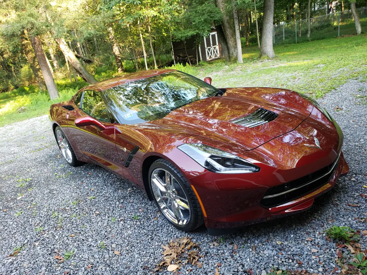Glossy dark red Chevrolet Corvette Stingray parked on a gravel driveway after detailing