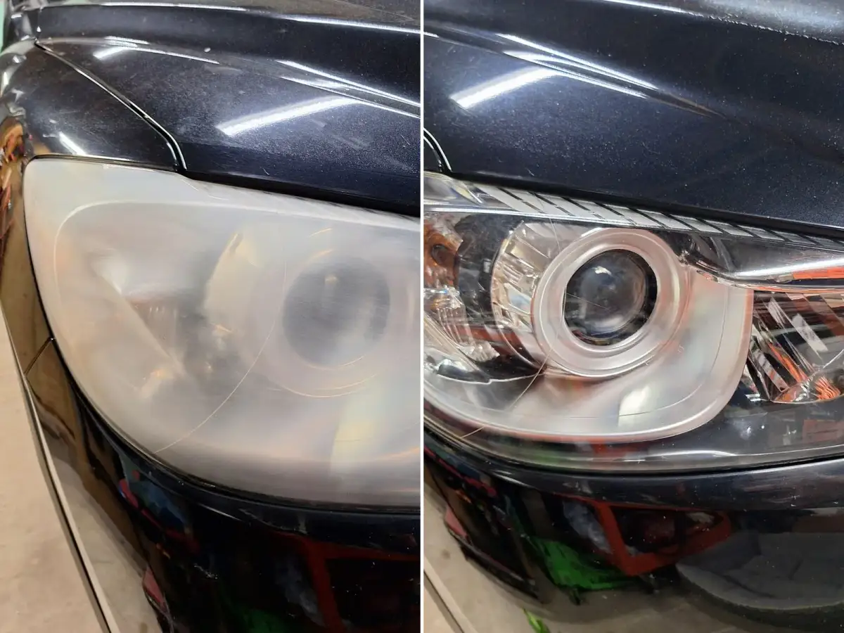 Before and after headlight restoration on a black Mazda CX-5: hazy yellowed lens on the left, clear lens with the projector visible on the right